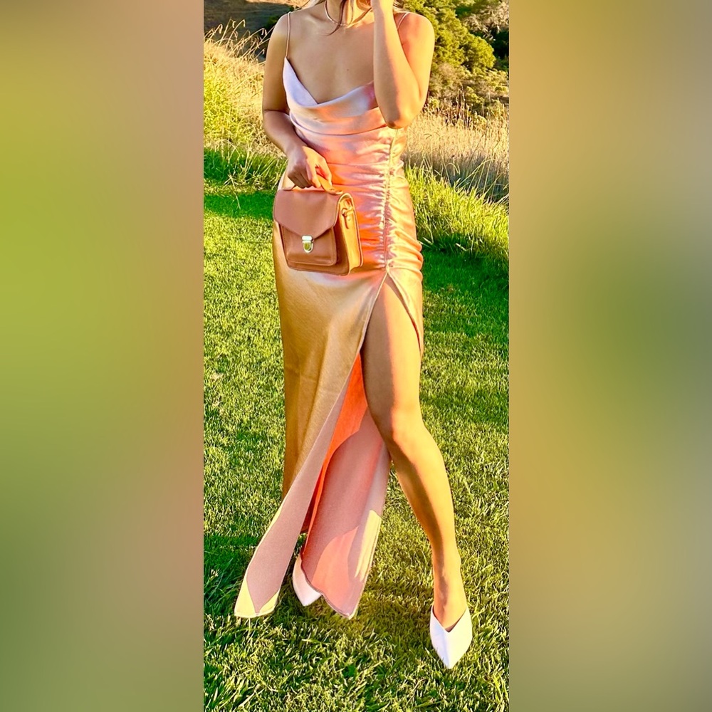 Sachin + Babi Jennings Ruched Hammered Satin Side-Slit Gown Size 4